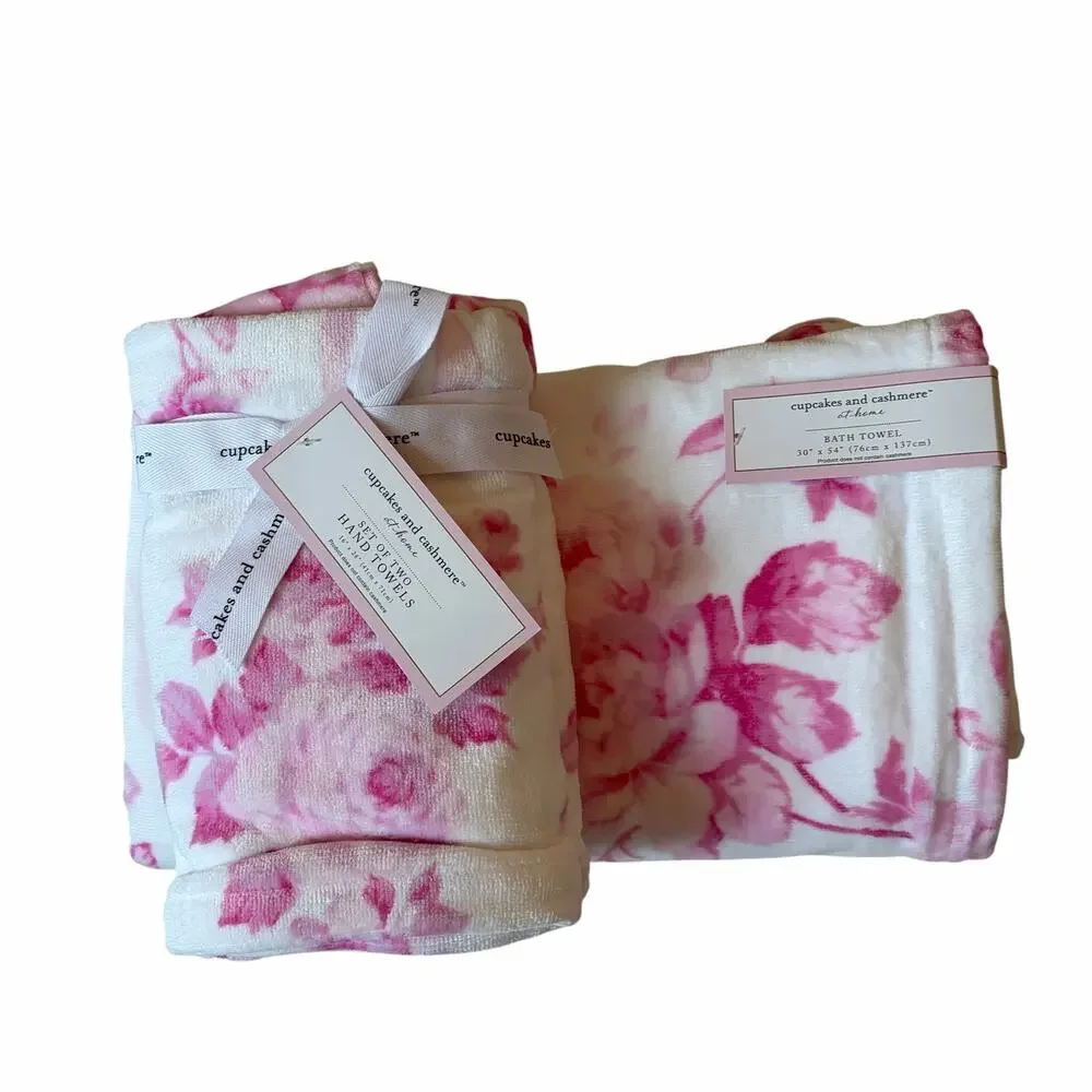 Cupcakes & Cashmere Pink Floral Towel Set- 2 Hand & 2 Bath Towels Cotton NEW